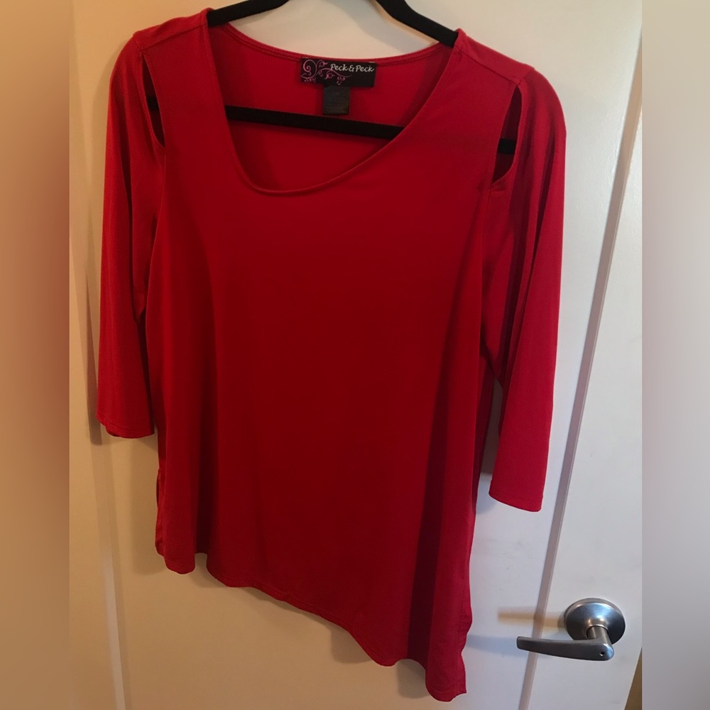 Red Peck&Peck Asymmetrical Cut-Out Shoulder Blouse - Petite